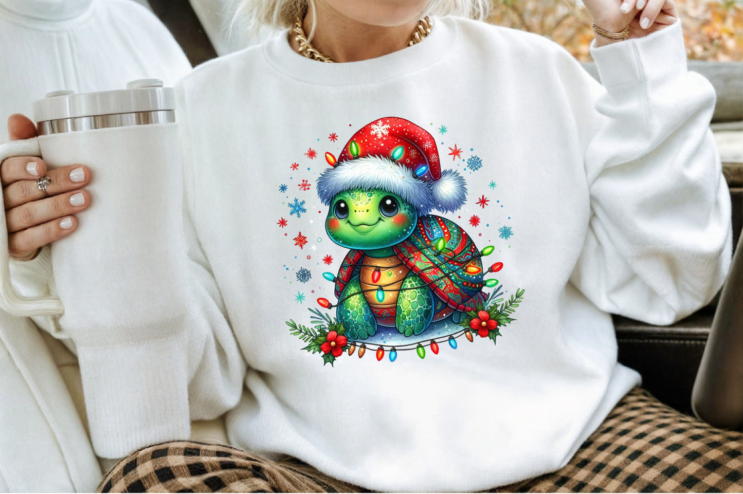 Watercolor Christmas Turtle Clipart PNG Cute Santa Hat Holiday Lights Sublimation Design
