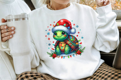 Watercolor Christmas Turtle Clipart PNG Cute Santa Hat Holiday Lights Sublimation Design