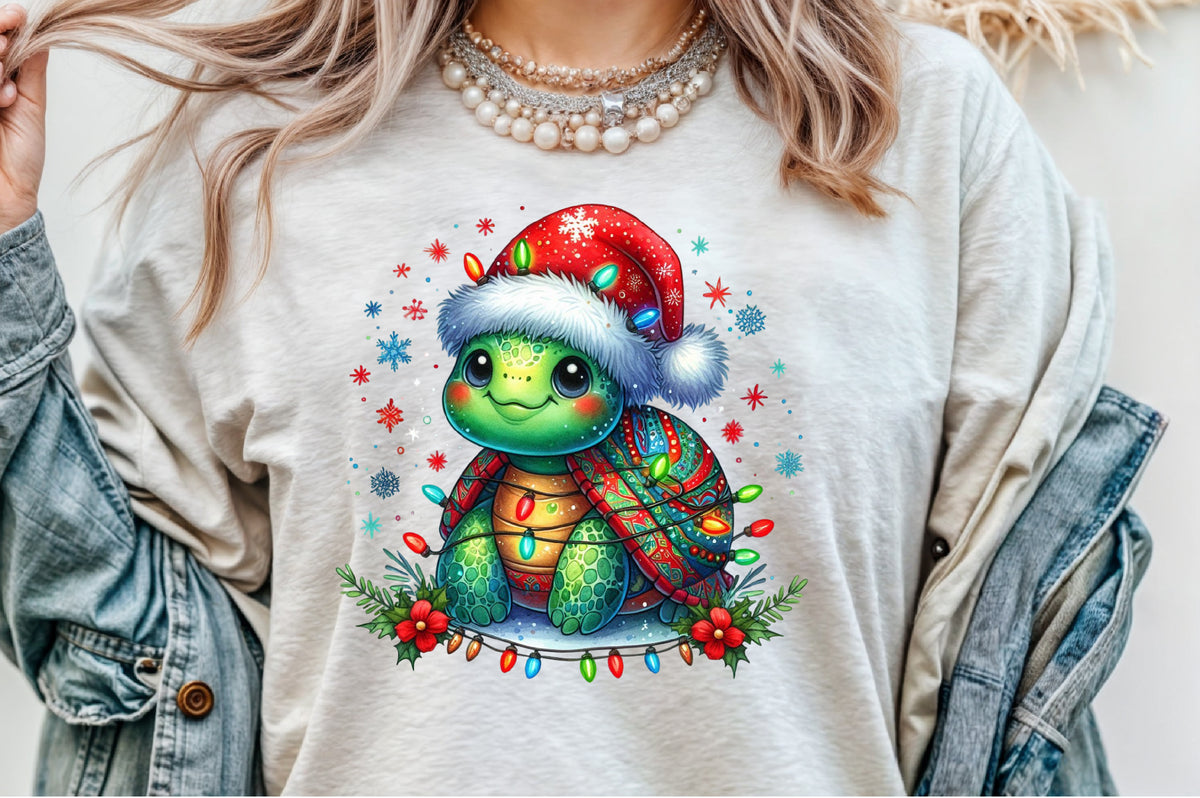 Watercolor Christmas Turtle Clipart PNG Cute Santa Hat Holiday Lights Sublimation Design