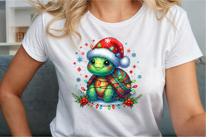 Watercolor Christmas Turtle Clipart PNG Cute Santa Hat Holiday Lights Sublimation Design