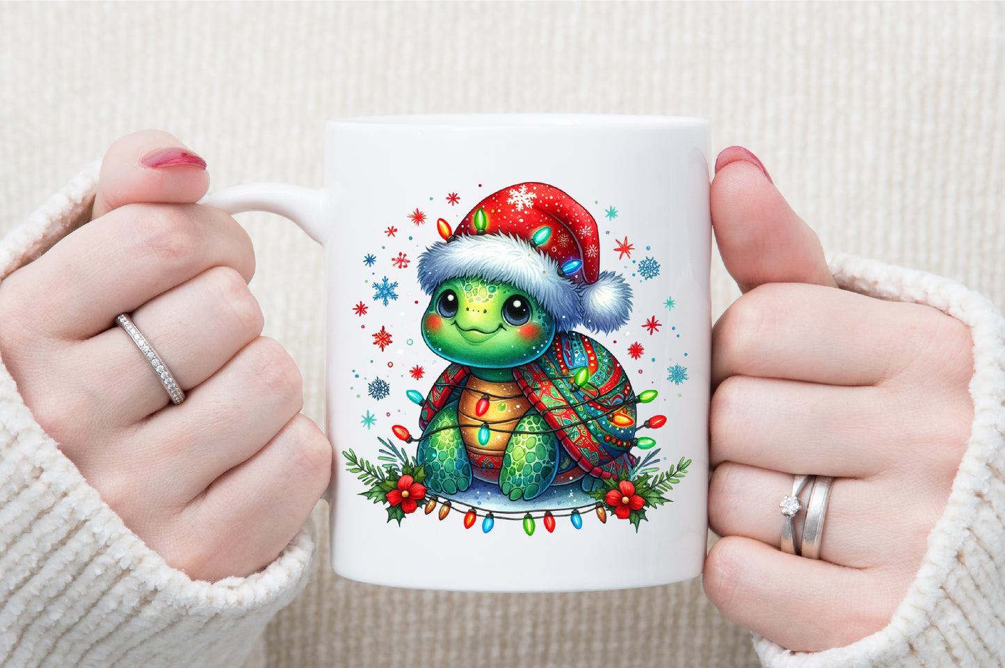 Watercolor Christmas Turtle Clipart PNG Cute Santa Hat Holiday Lights Sublimation Design