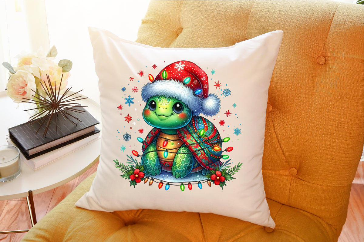 Watercolor Christmas Turtle Clipart PNG Cute Santa Hat Holiday Lights Sublimation Design