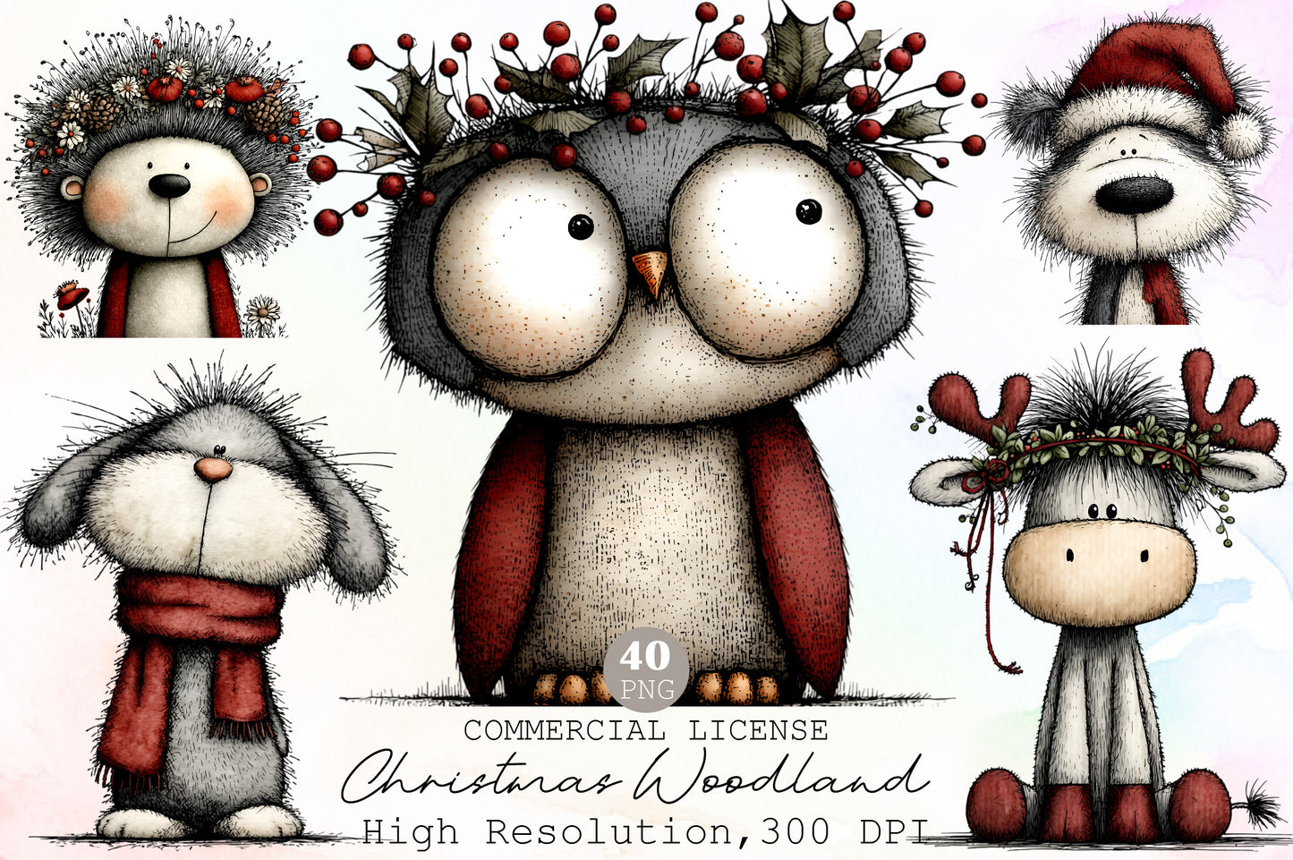 Christmas Woodland Portraits Clipart PNG Bundle Commercial Use