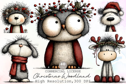 Christmas Woodland Portraits Clipart PNG Bundle Commercial Use