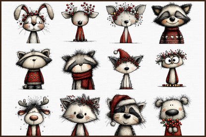 Christmas Woodland Portraits Clipart PNG Bundle Commercial Use