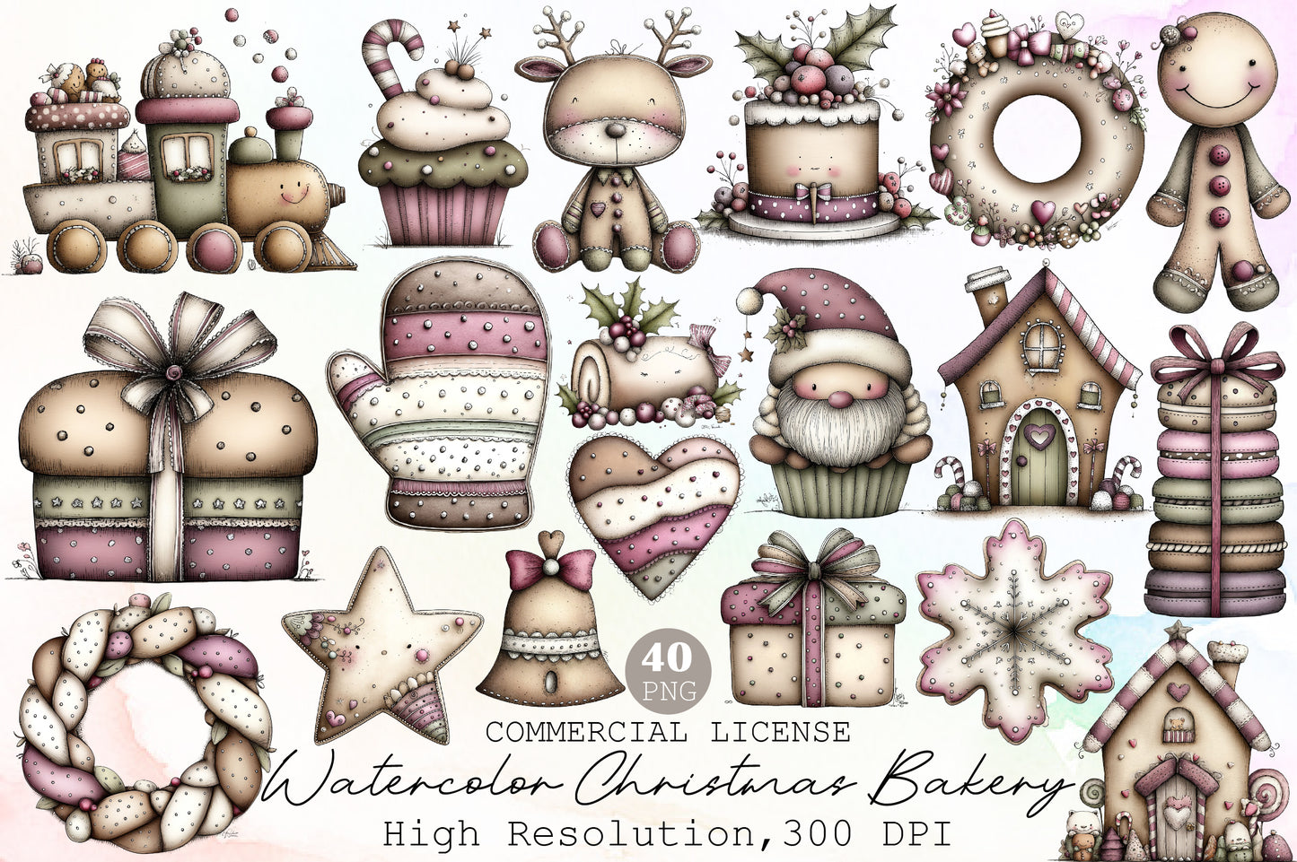 Watercolor Christmas Bakery Clipart Bundle Cute Gingerbread Cakes Cookies Holiday PNG