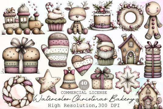 Watercolor Christmas Bakery Clipart Bundle Cute Gingerbread Cakes Cookies Holiday PNG