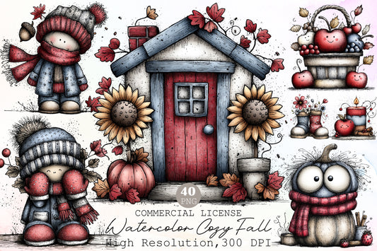 Watercolor Cozy Fall Clipart Bundle Cute Autumn Gnomes Cottage Pumpkin PNG