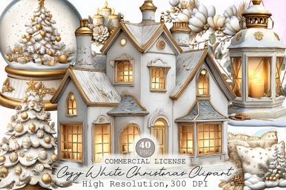 Watercolor Cozy White Christmas Clipart PNG Bundle
