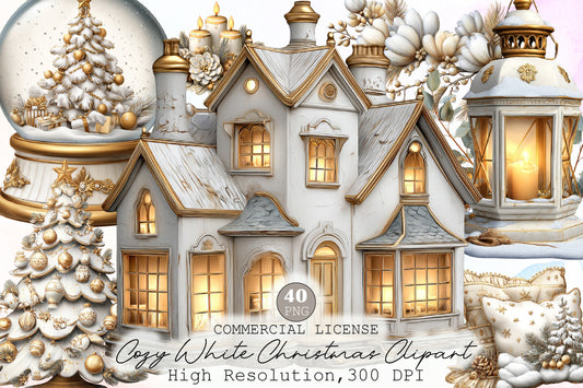 Watercolor Cozy White Christmas Clipart PNG Bundle