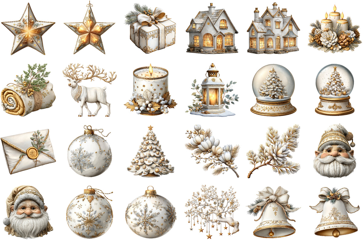 Watercolor Cozy White Christmas Clipart PNG Bundle