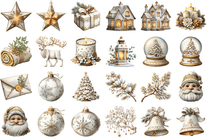 Watercolor Cozy White Christmas Clipart PNG Bundle