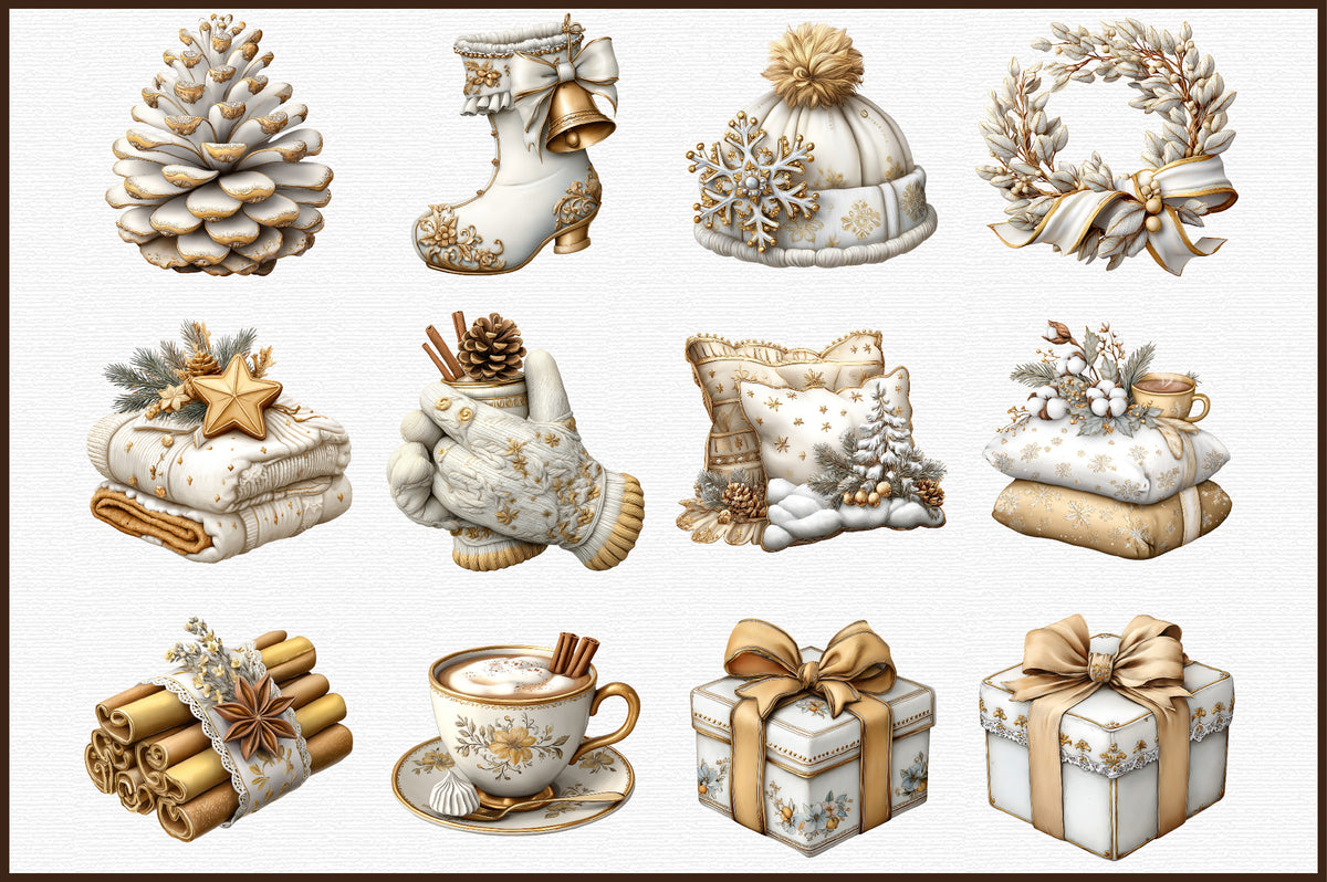 Watercolor Cozy White Christmas Clipart PNG Bundle