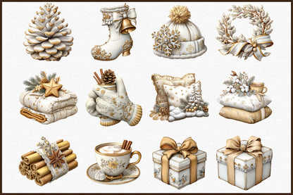 Watercolor Cozy White Christmas Clipart PNG Bundle