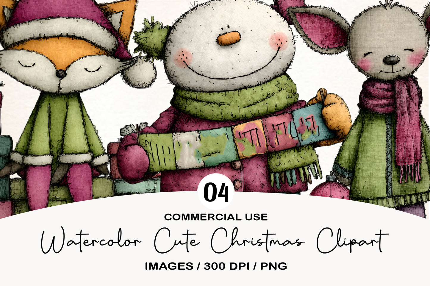 Watercolor Cute Christmas Clipart PNG Sublimation