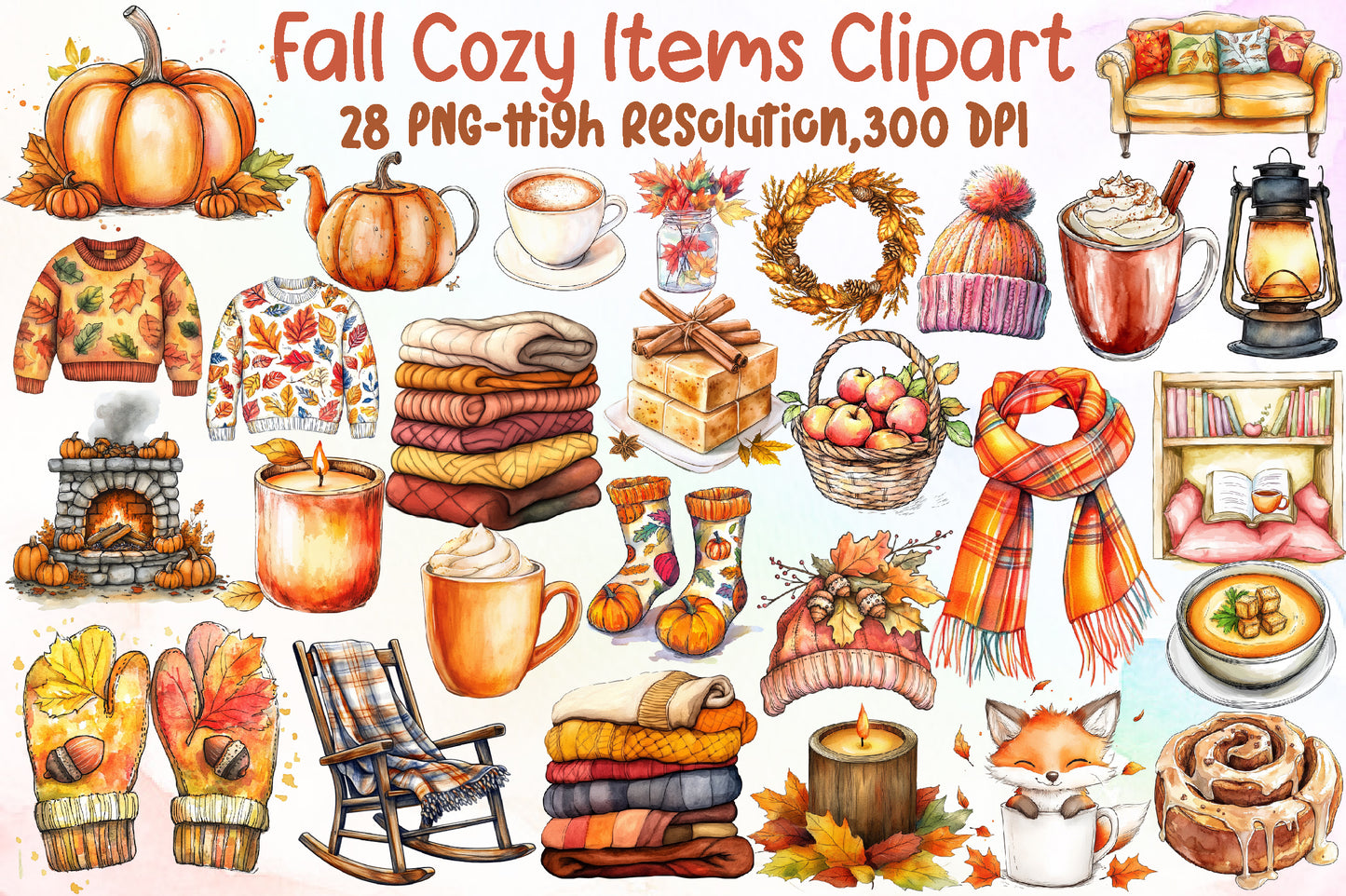 Fall Cozy Items PNG Bundle Watercolor Autumn Clipart