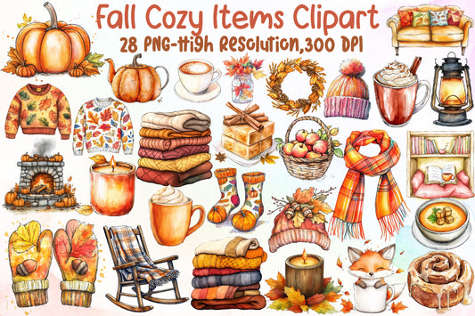 Fall Cozy Items PNG Bundle Watercolor Autumn Clipart