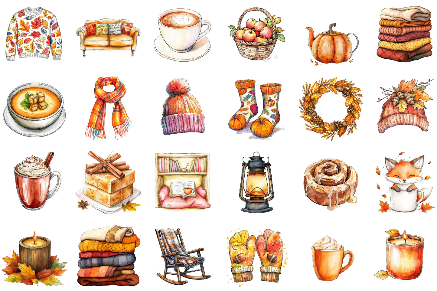 Fall Cozy Items PNG Bundle Watercolor Autumn Clipart