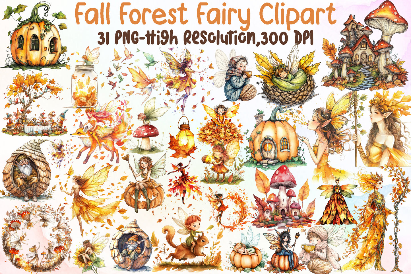 Fall Forest Fairy PNG Bundle Watercolor Autumn Clipart