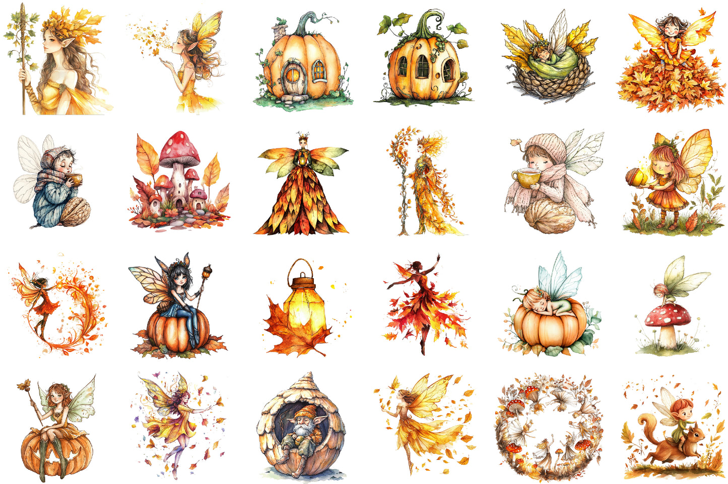 Fall Forest Fairy PNG Bundle Watercolor Autumn Clipart