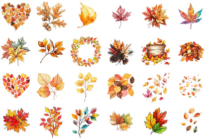 Watercolor Fall Leaves PNG Bundle Autumn Clipart