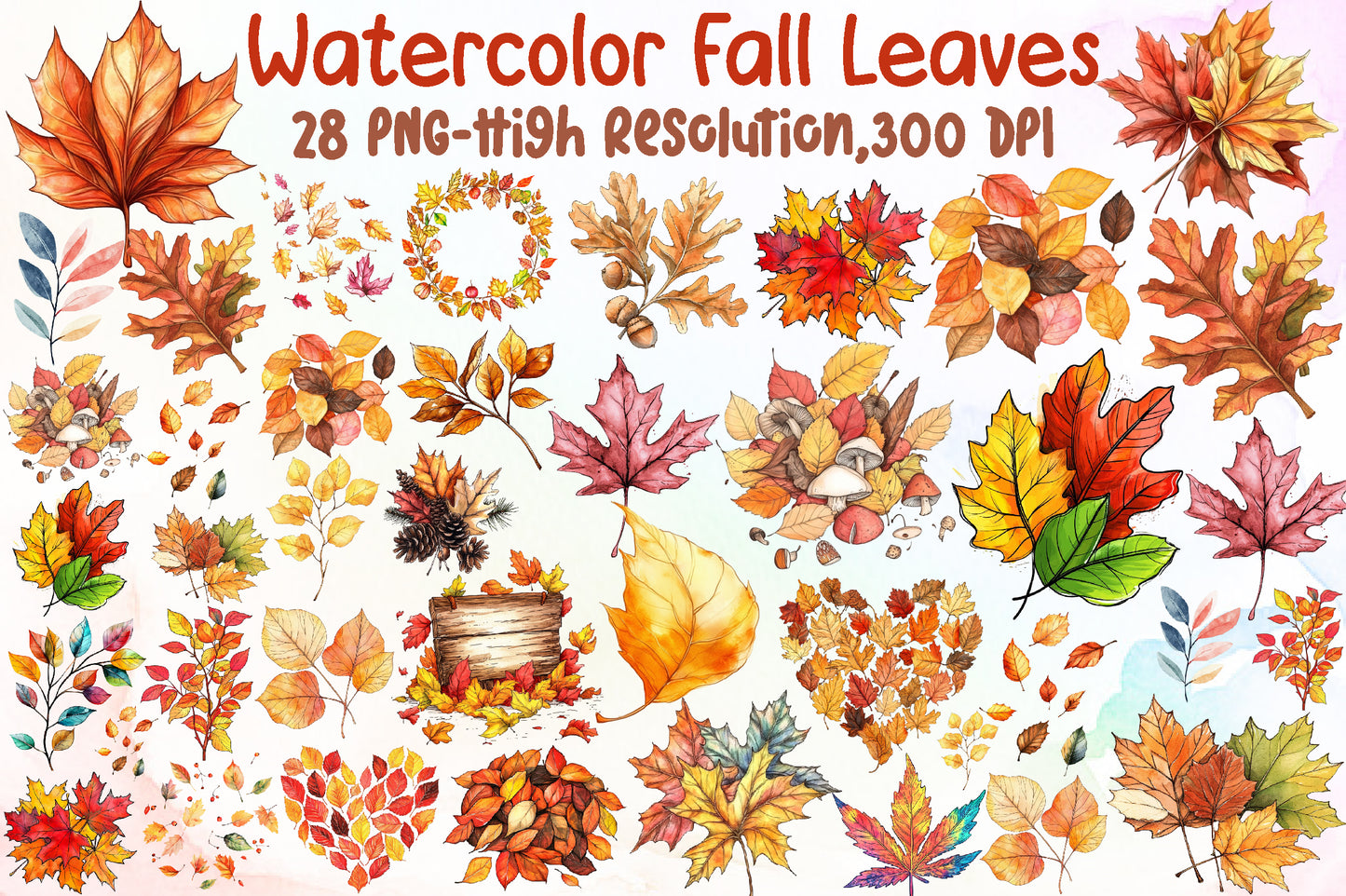 Watercolor Fall Leaves PNG Bundle Autumn Clipart