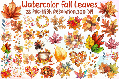 Watercolor Fall Leaves PNG Bundle Autumn Clipart