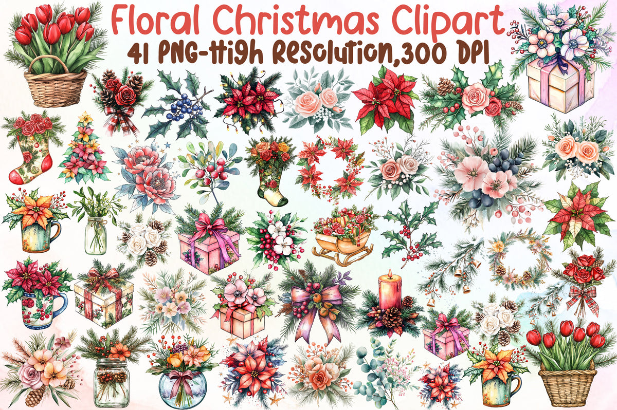 Watercolor Floral Christmas Clipart PNG Bundle