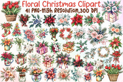 Watercolor Floral Christmas Clipart PNG Bundle