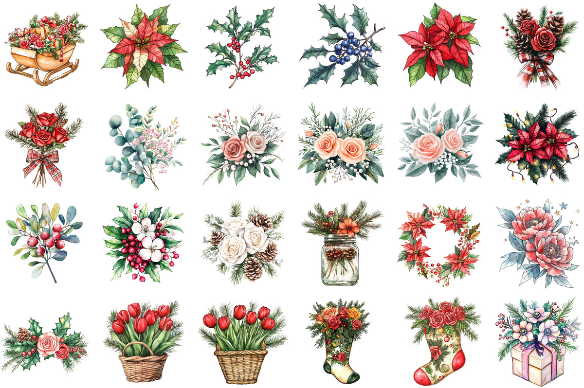 Watercolor Floral Christmas Clipart PNG Bundle
