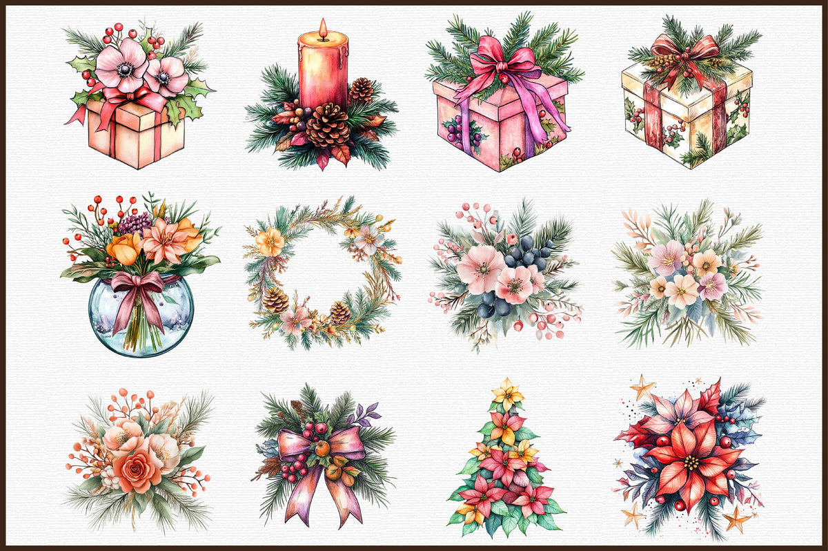Watercolor Floral Christmas Clipart PNG Bundle