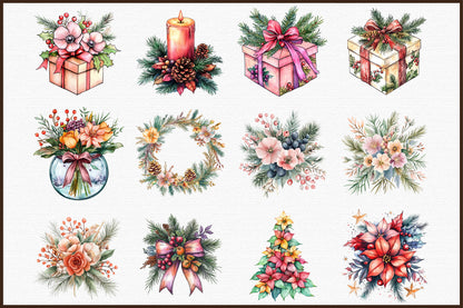 Watercolor Floral Christmas Clipart PNG Bundle