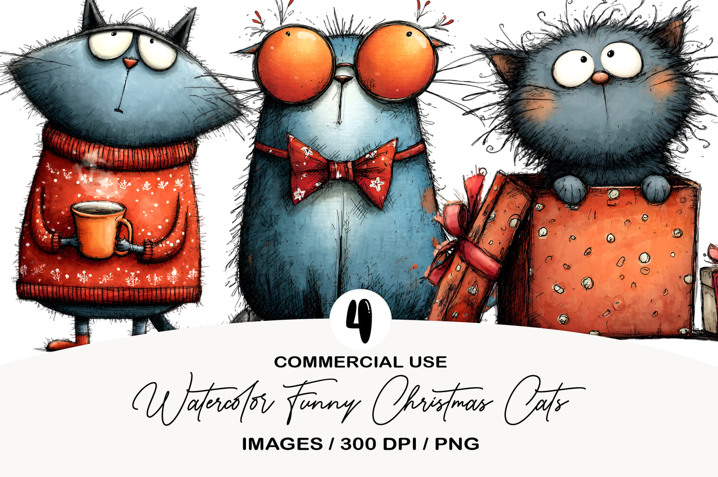 Watercolor Funny Christmas Cats Clipart PNG Bundle | Cute Holiday Kitty Clipart | Festive Christmas Cat PNG