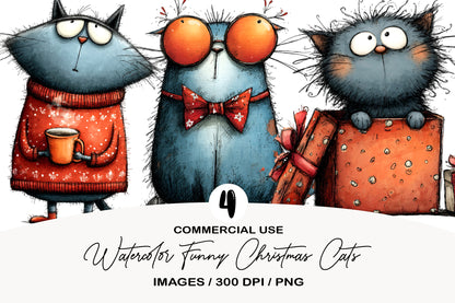 Watercolor Funny Christmas Cats Clipart PNG Bundle | Cute Holiday Kitty Clipart | Festive Christmas Cat PNG