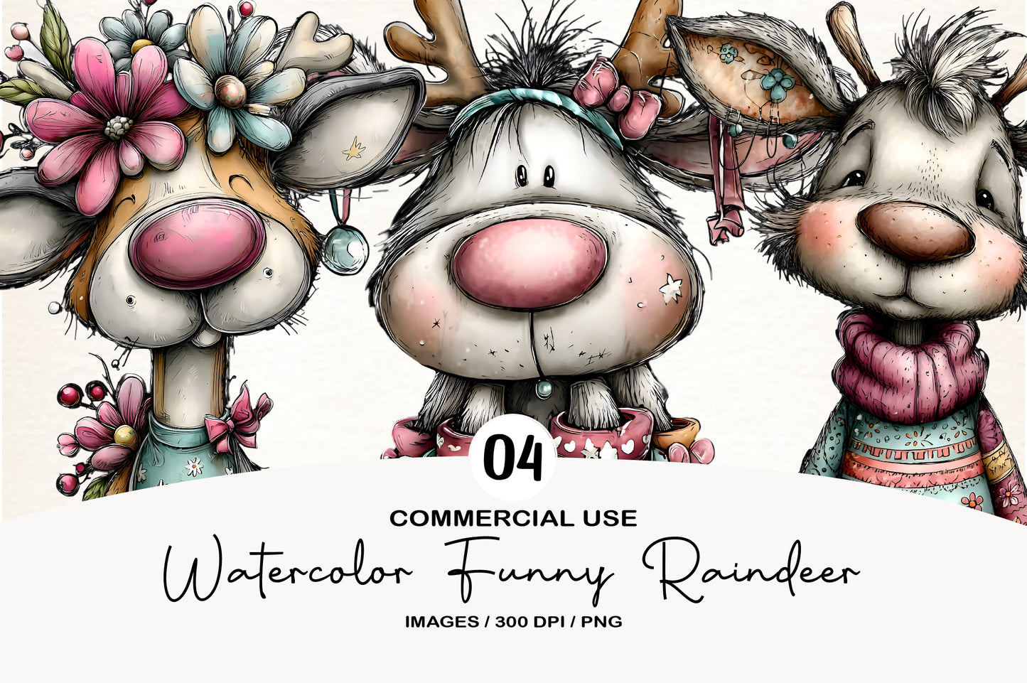 Watercolor Funny Reindeer Clipart PNG Bundle | Cute Holiday Reindeer Clipart | Festive Christmas Deer PNG