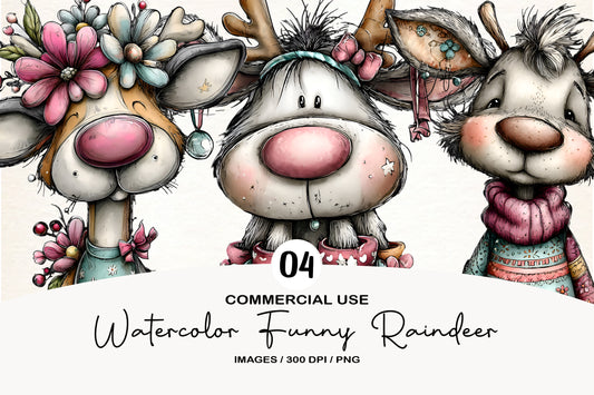Watercolor Funny Reindeer Clipart PNG Bundle | Cute Holiday Reindeer Clipart | Festive Christmas Deer PNG