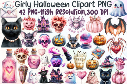 Watercolor Girly Halloween Clipart PNG Bundle