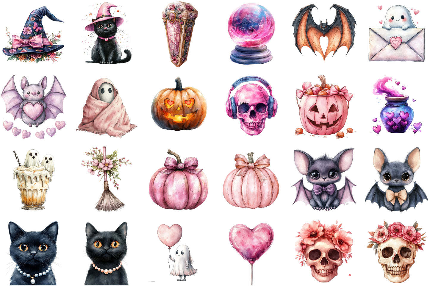 Watercolor Girly Halloween Clipart PNG Bundle