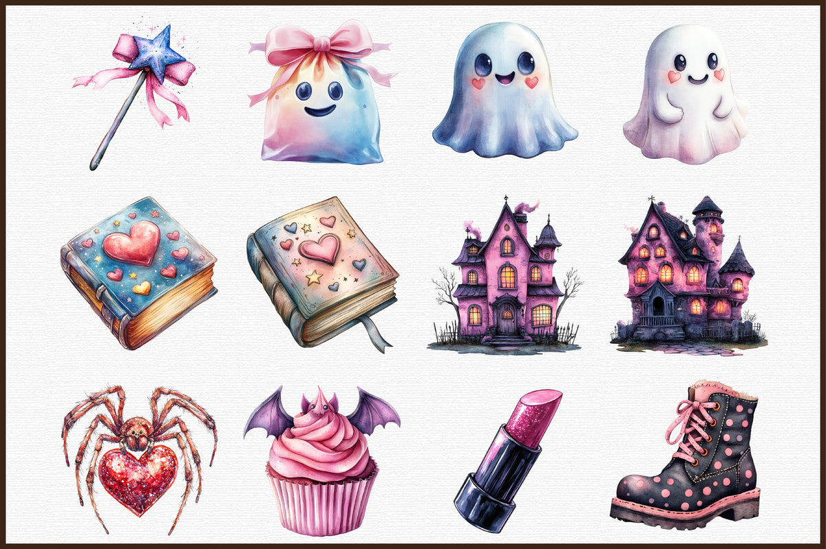 Watercolor Girly Halloween Clipart PNG Bundle