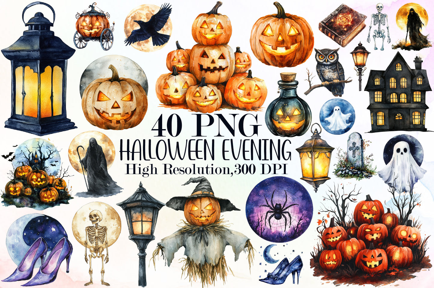 Watercolor Halloween Evening PNG Bundle Spooky Clipart
