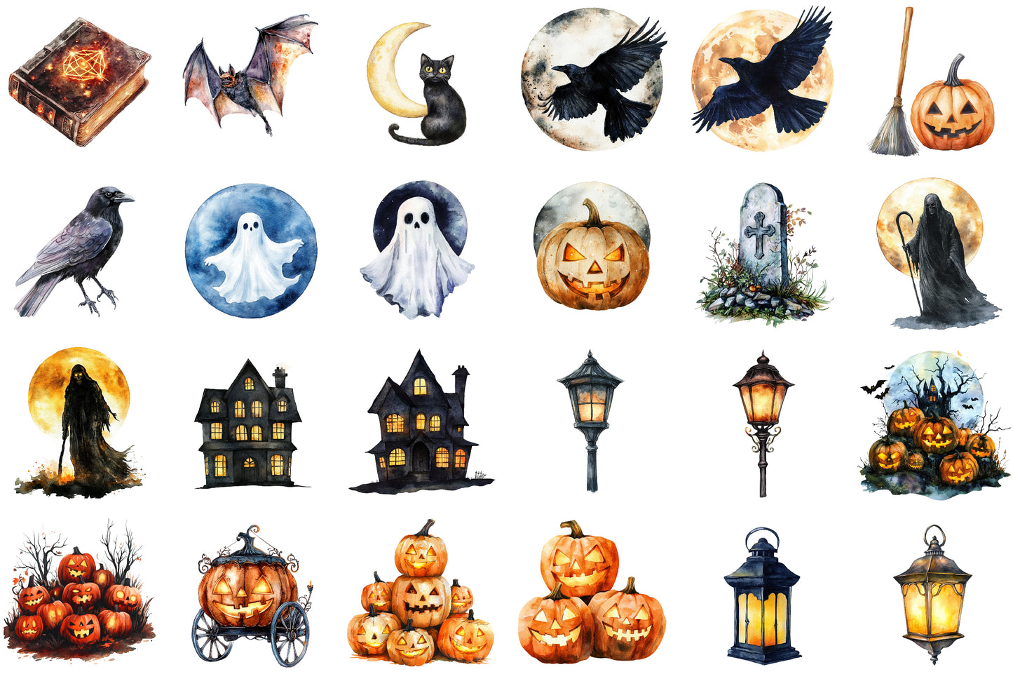 Watercolor Halloween Evening PNG Bundle Spooky Clipart