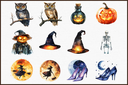 Watercolor Halloween Evening PNG Bundle Spooky Clipart