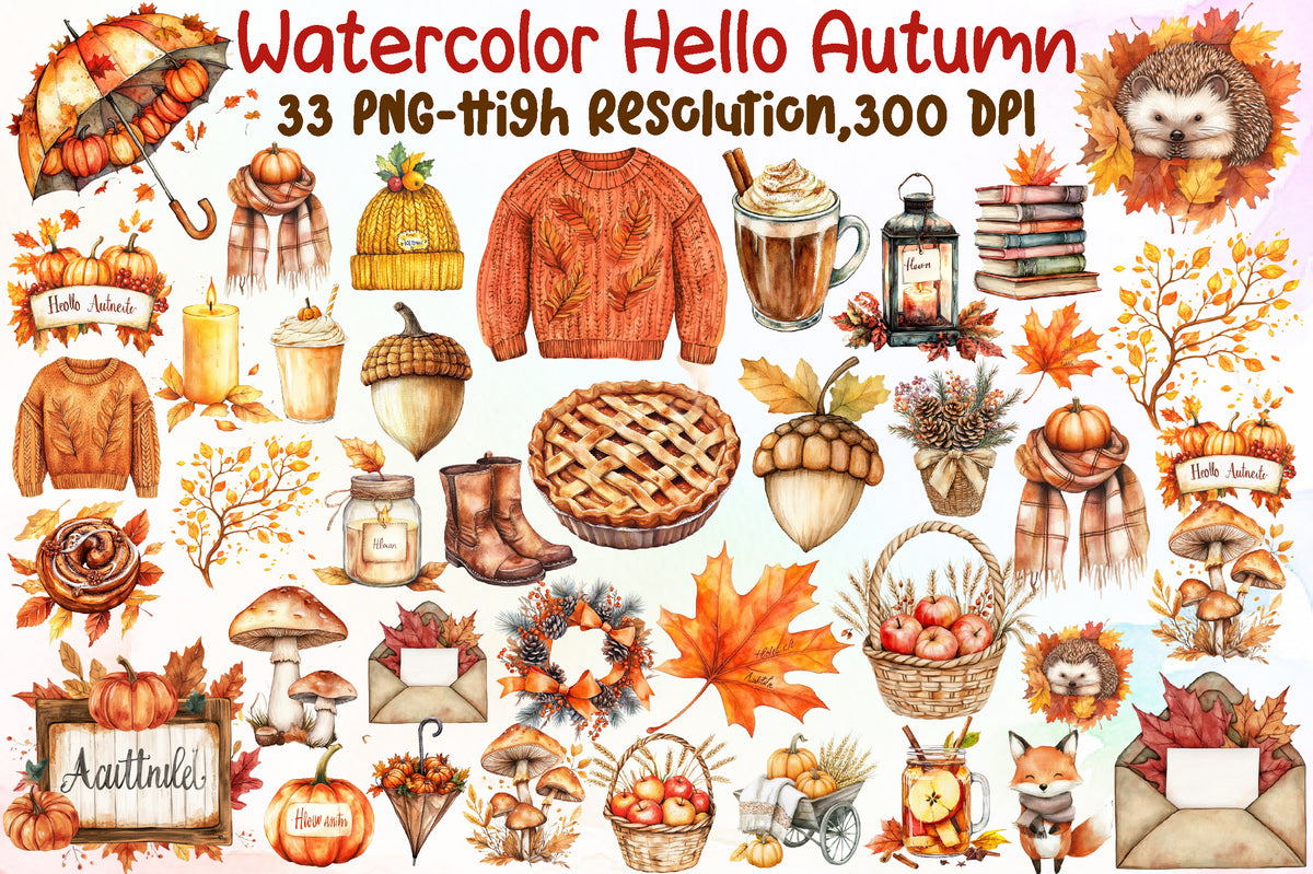 Watercolor Hello Autumn Clipart PNG Bundle