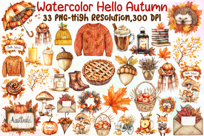 Watercolor Hello Autumn Clipart PNG Bundle