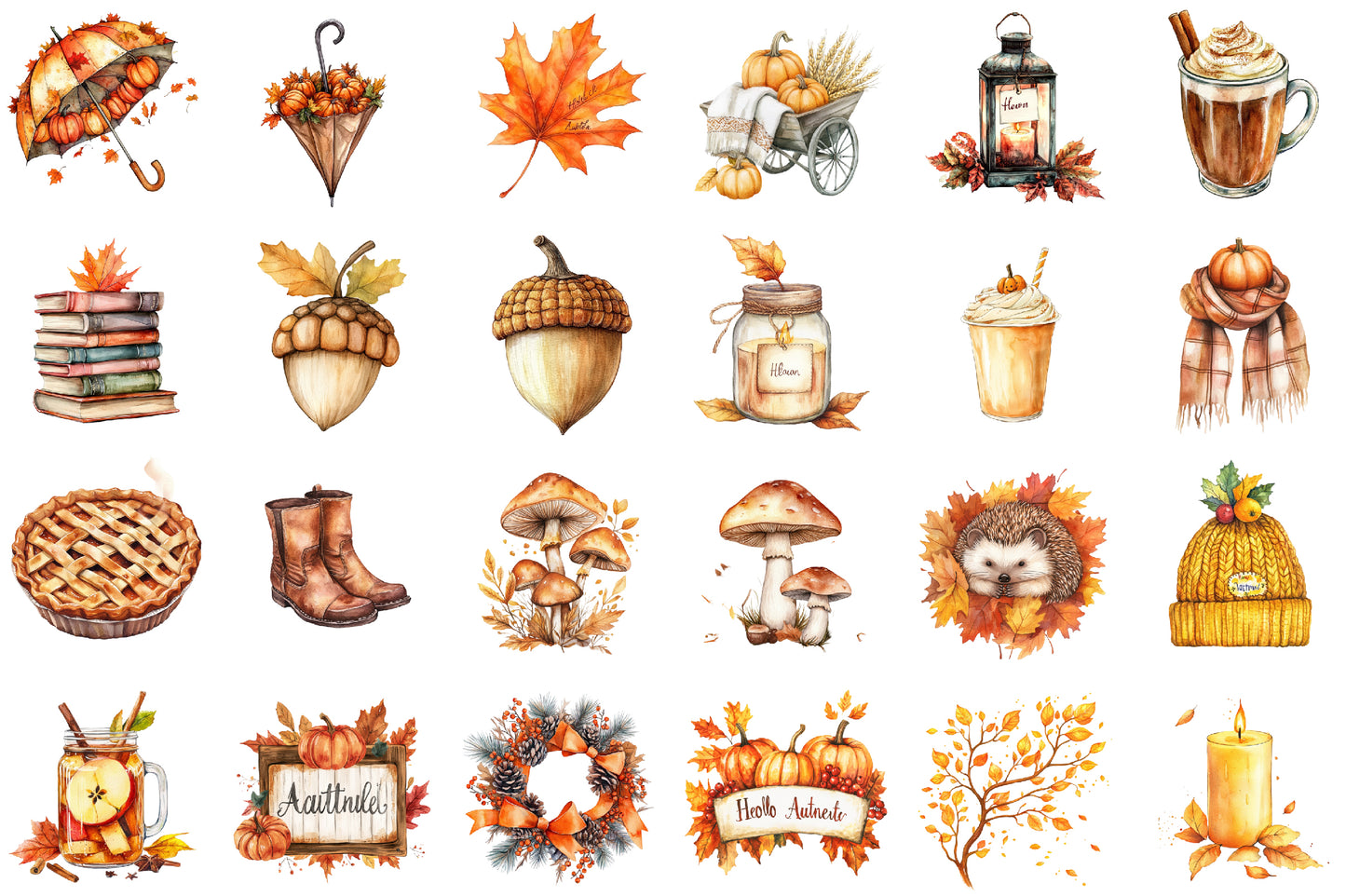 Watercolor Hello Autumn Clipart PNG Bundle
