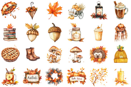 Watercolor Hello Autumn Clipart PNG Bundle