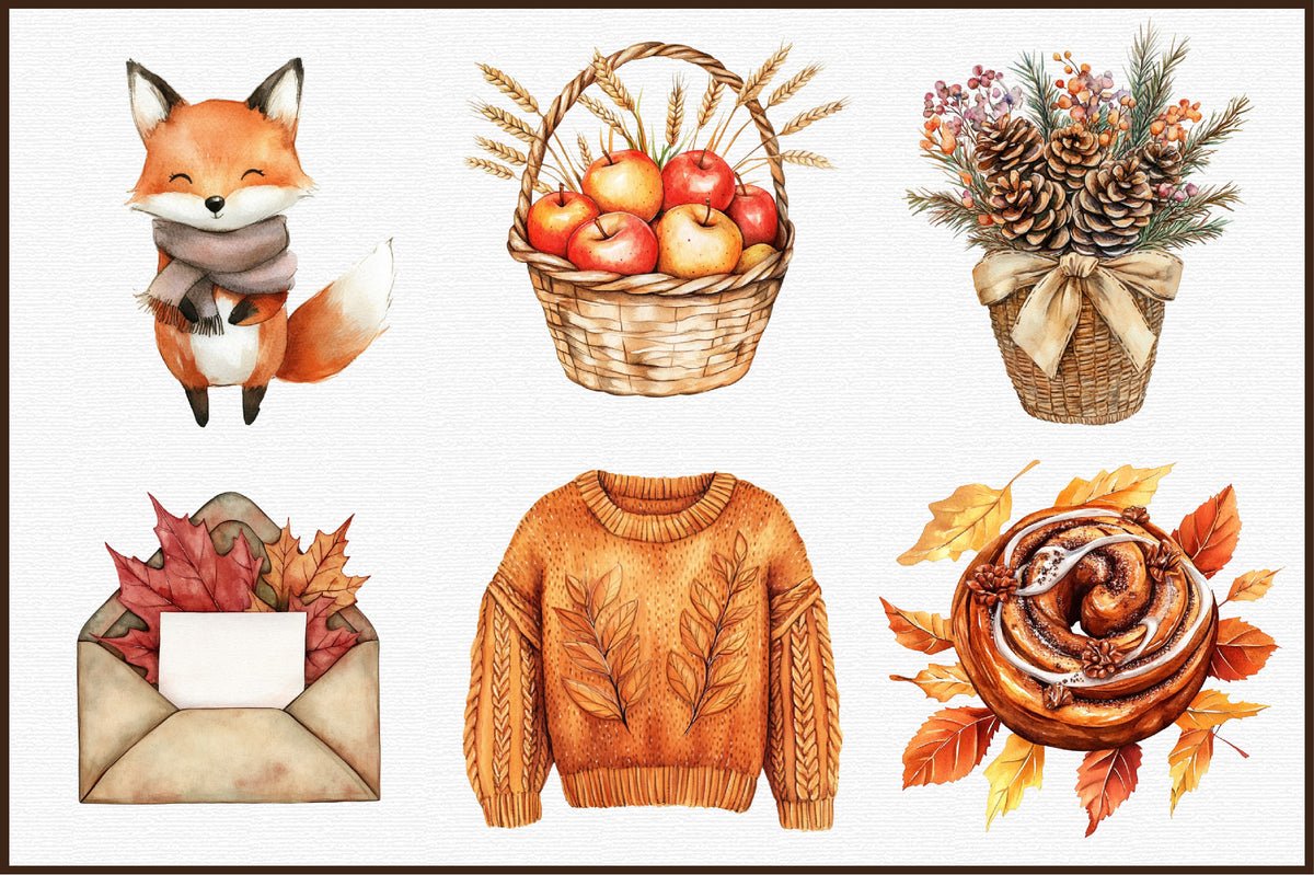 Watercolor Hello Autumn Clipart PNG Bundle