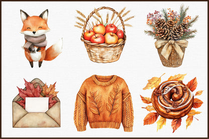 Watercolor Hello Autumn Clipart PNG Bundle