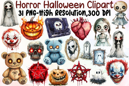 Watercolor Horror Halloween Clipart PNG Bundle