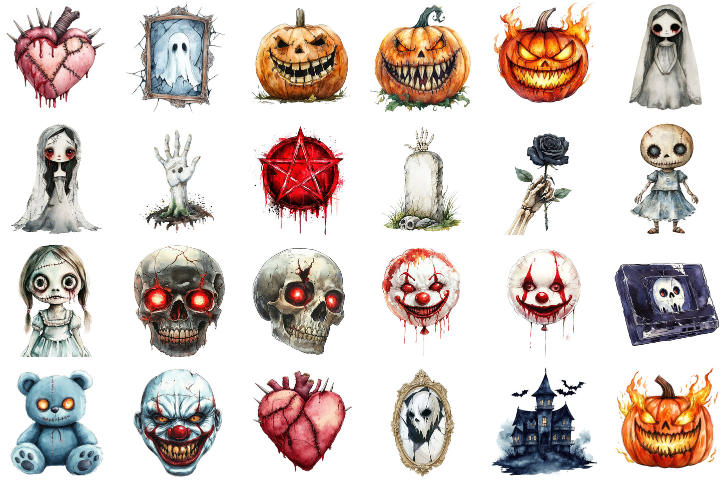 Watercolor Horror Halloween Clipart PNG Bundle
